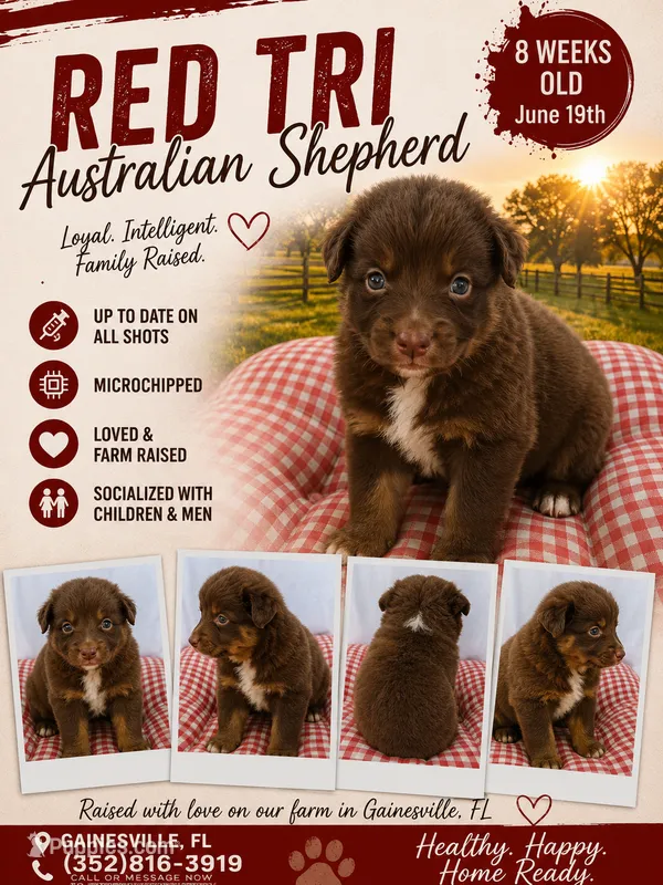 Red tri male  – Australian Shepherd puppy for sale in Micanopy, FL