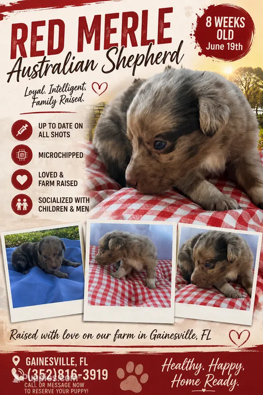 Red Merle male  – Australian Shepherd puppy for sale in Micanopy, FL