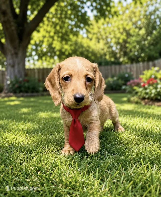 Red collar, wire coat, Male – Miniature Dachshund puppy for sale in Sun Valley, CA