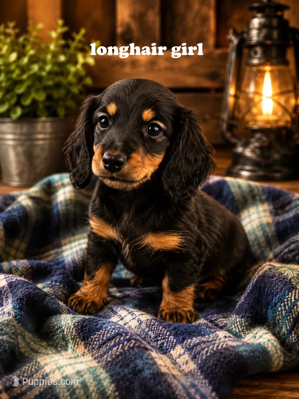 Black and tan long haired girl – Miniature Dachshund puppy for sale in Rockford, IL