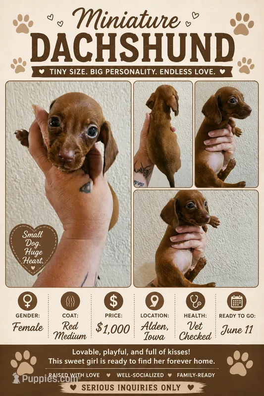 Red medium coat – Miniature Dachshund puppy for sale in Iowa Falls, IA