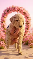 Dark pink collar girl, a female Goldendoodle and Miniature Goldendoodle for sale in Battle Ground, WA – 1 of 4